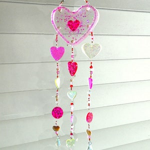 Resin Heart Suncatcher Mobile: Colorful Beaded Rainbow Window Decor