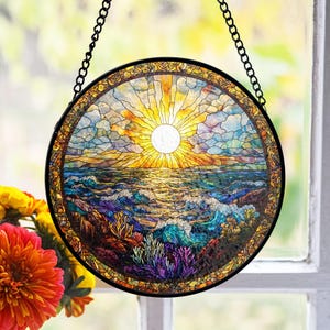 Ocean Sunset Stained Glass Suncatcher, Coastal Window Decor, Beach Waves Decor, Marine Home Accent, Sea Lover Gift, Diver gift