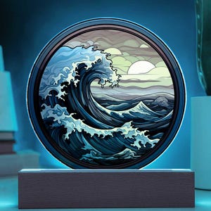Ocean Waves LED Lamp For Beach Lover Gift For Home Decoration Faux Stained Glass LED Nightlight For Housewarming Gift For Sea Wave Artwork