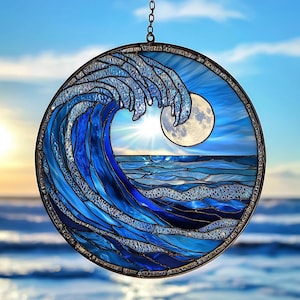 Ocean Wave Faux Stained Glass Suncatcher, Coastal Acrylic Window Hanging, Handmade Beach Lover Gift, Nautical Home Decor