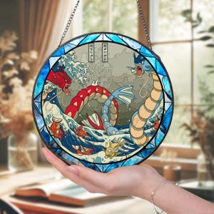 Handcrafted Seadrayados Glass Suncatcher, Wave-Inspired Pokemon Fusion Art, Unique Gift for Collectors & Home Decor, Gyarados GlassArt P14LV