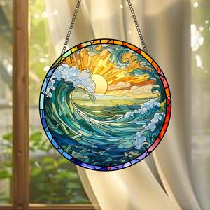 Ocean Waves Stained Glass Suncatcher: Beach Sunset Window Decor