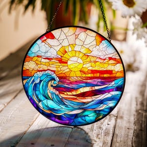 Sea Wave Stained Glass Suncatcher, Ocean Window Hanging, Blue Wave Ornament, Beach Home Decor, Coastal Suncatcher, Gift for Beach Lover