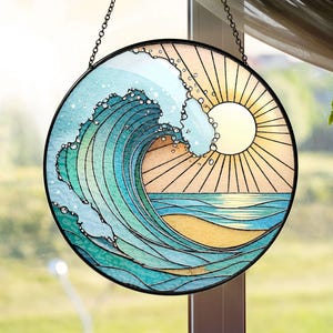 Sea Wave Stained Glass Suncatcher, Ocean Suncatcher Window Hanging, Blue Wave Ornament, Beach Decor, Coastal Suncatcher, Beach Lover Gifts