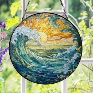 Sea Wave Stained Glass Suncatcher, Blue Wave Ornament, Beach Decor, Coastal Suncatcher, Ocean Suncatcher Window Hanging, Beach Lover Gifts