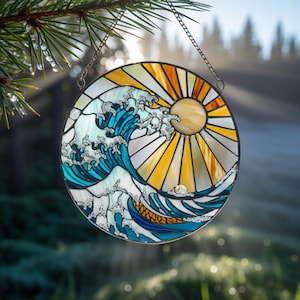 Wave Sun Acrylic Suncatcher, Ocean Beach Window Hanging, Coastal Decor Ornament, Sun Rise Style Sun Catcher,Xmas Tree Ornament