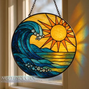 Ocean Wave Acrylic Suncatcher, Tiffany Style Sun and Sea Window Hanging, Coastal Beach Acrylic Art, Nautical Summer Home Gift