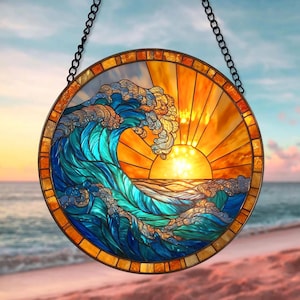 Ocean Wave Sunset Acrylic Suncatcher - Faux Stained Glass Window Hanging, Beach Decor Gift, Coastal Sunroom Ornament, Sea Lover Art