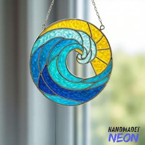 Customized Stained Glass Waves Suncatcher, Handmade Sea Window Hanging, Beach House Decor, Natural Gift for Ocean Lovers