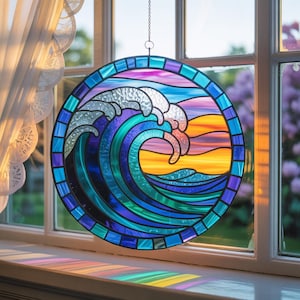 Ocean Wave Acrylic Suncatcher, Beach Sunset Window Hanging, Coastal Sun Catcher Ornament, Sea Wave Home Decor, Nautical Beach Lover Gift