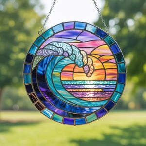 Ocean Wave Acrylic Suncatcher, Sunset Beach Window Hanging, Coastal Wave Window Decor, Nautical Ocean Art, Seaside Home Decor, Beach Lover