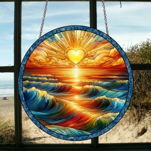 Beach Sunset Stained Glass Style Suncatcher with Heart | Colorful Ocean Wave Hanging Window Art Gift