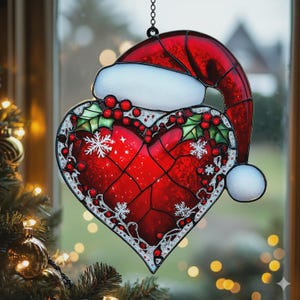 Red Heart Faux Stained Glass Suncatcher And Ornament, Santa Hat Acrylic Window Hanging, Christmas Gift For Home Decor