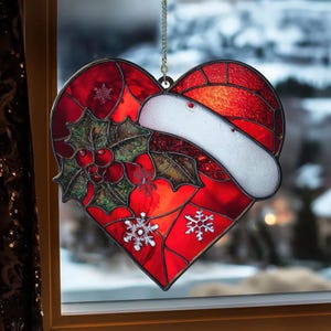 Christmas Heart Acrylic Suncatcher And Ornament, Santa Hat Faux Stained Glass Window Hanging, Holiday Gift For Loved Ones