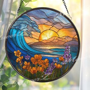 Sunset Wave Stained Glass Suncatcher, Round Ocean Window Panel with Flowers and Mountains, Coastal Nature Home Decor Gift