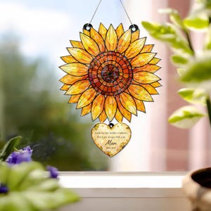 Sunflower Acrylic Suncatcher, Custom Memorial Window Hanging with Heart Charm