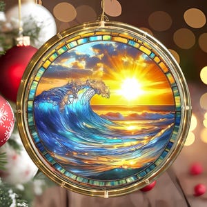 Ocean Wave Sunset Wavy Acrylic LED Light Lamp - Faux Stained Glass Window Hanging, Beach Decor Gift, Coastal Sunroom Ornament, Sea Lover Art